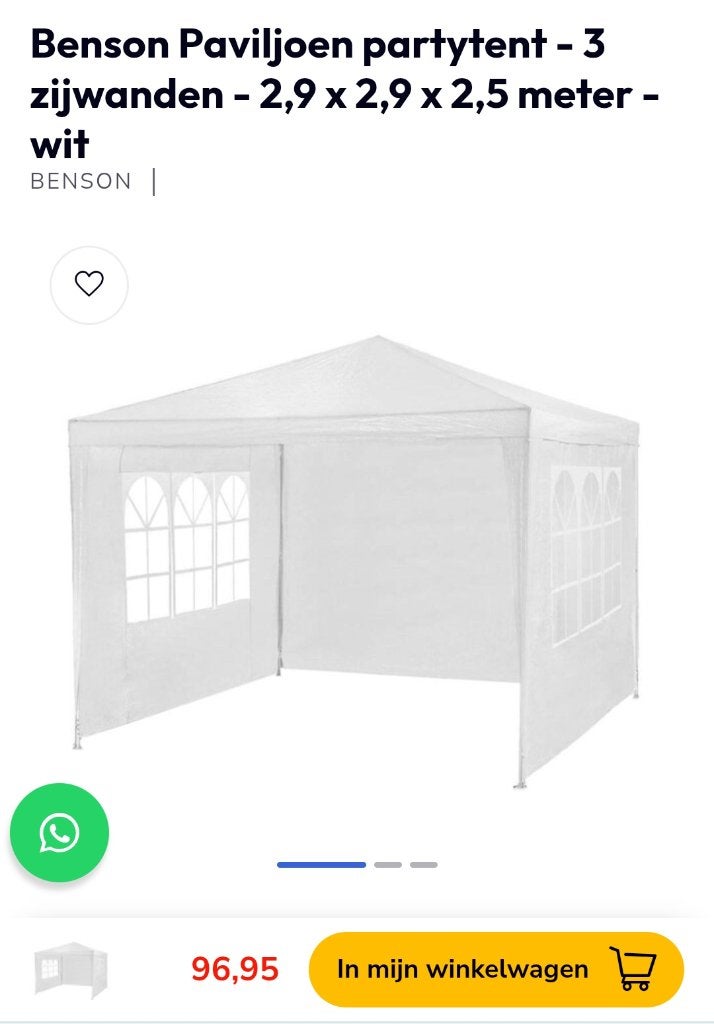 Benson Partytent 290 x 290 cm incl. 3 zijwanden – NIEUW!, Ophalen, Partytent, Minder dan 4 meter, Nieuw