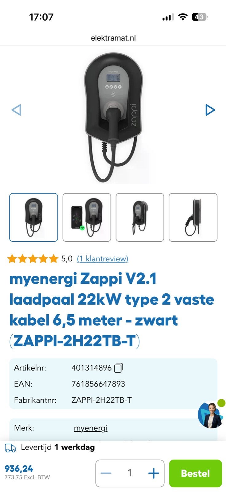 Zappi laadpaal 6,5 meter snoer type 2 stekker, Ophalen, Laadpaal