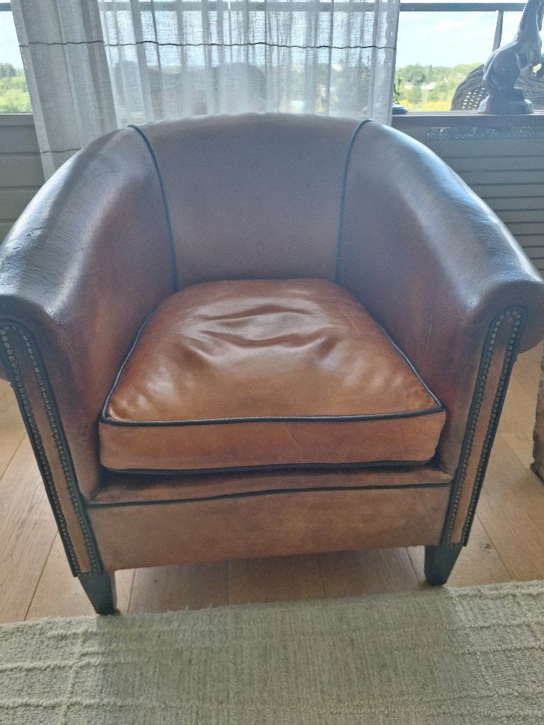 Vintage schapenleren fauteuil, Ophalen, Gebruikt, Vintage, 75 tot 100 cm