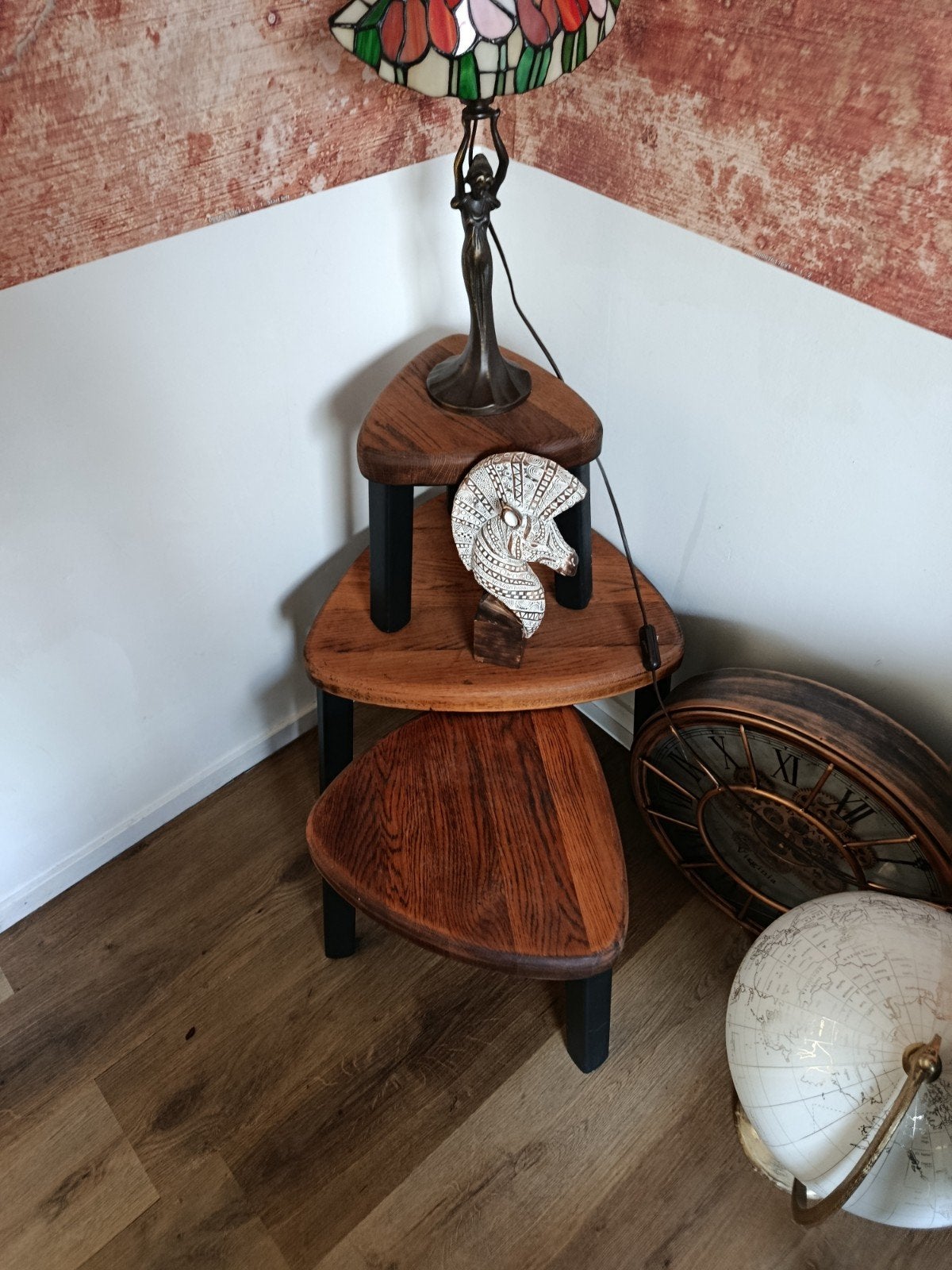 set van 3 zware stoere houten bijzettafels, Stoer industrieel modern, Minder dan 55 cm, Zo goed als nieuw, Overige vormen
