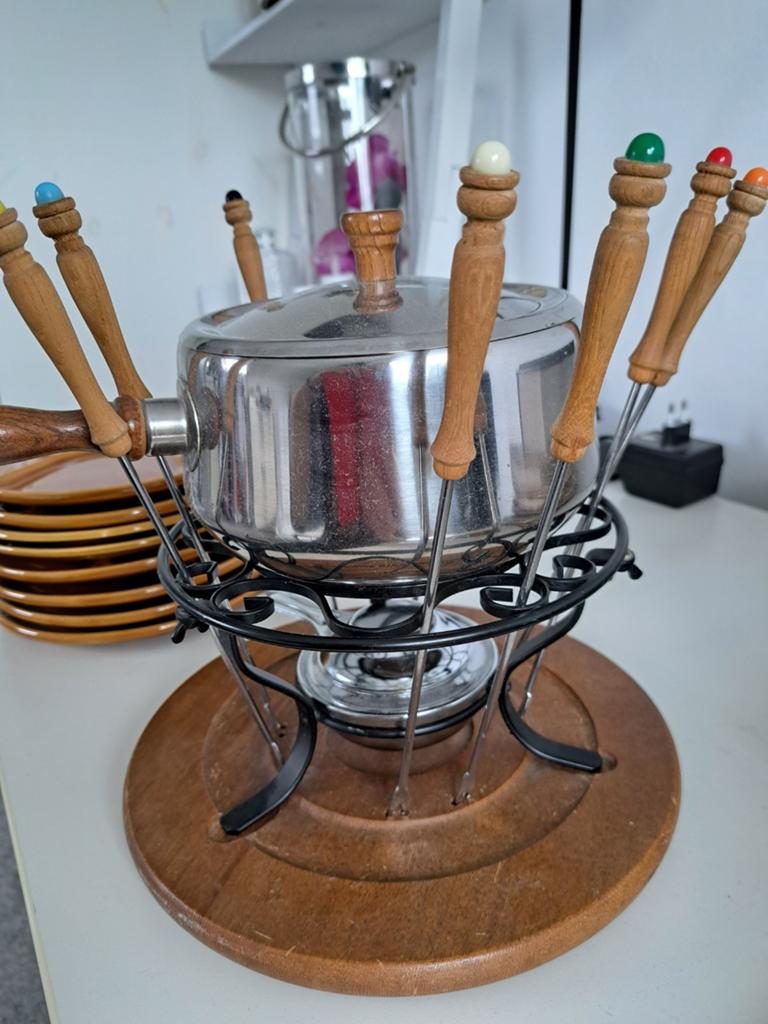 Vintage fondueset met borden en extra vorkjes, Witgoed en Apparatuur, Fonduesets, Ophalen of Verzenden, Gebruikt, Brander, Fondueset