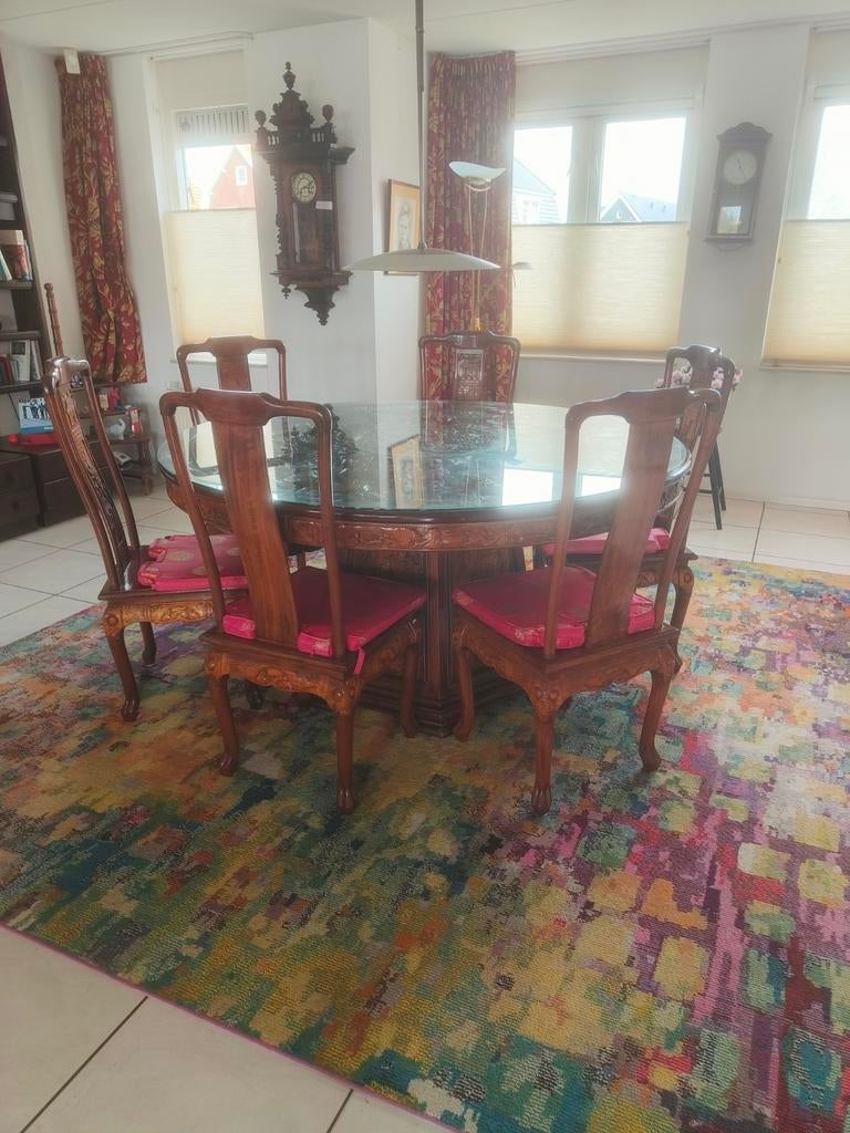 Ronde Chinese eettafel met 6 stoelen, 160cm diameter, Ophalen