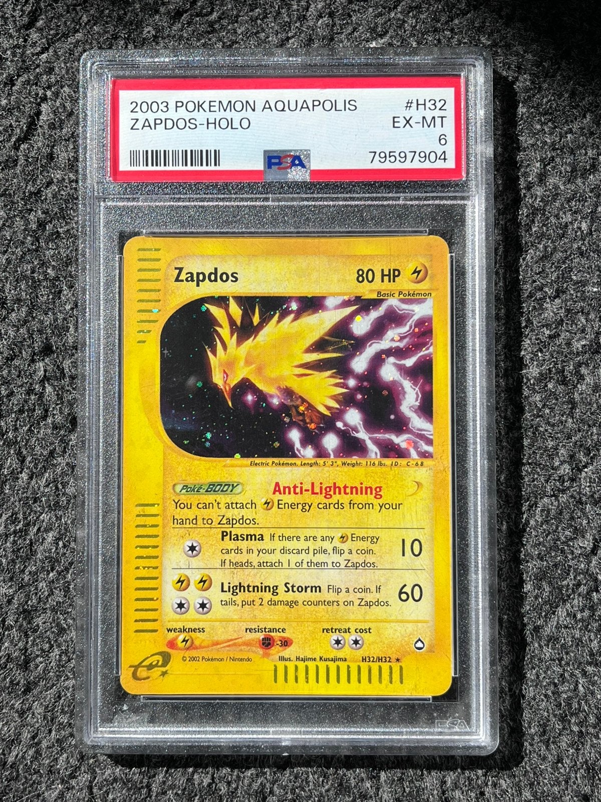 Pokémon PSA 6 Zapdos Holo #H32 Aquapolis, Ophalen of Verzenden, Zo goed als nieuw, Losse kaart, Foil