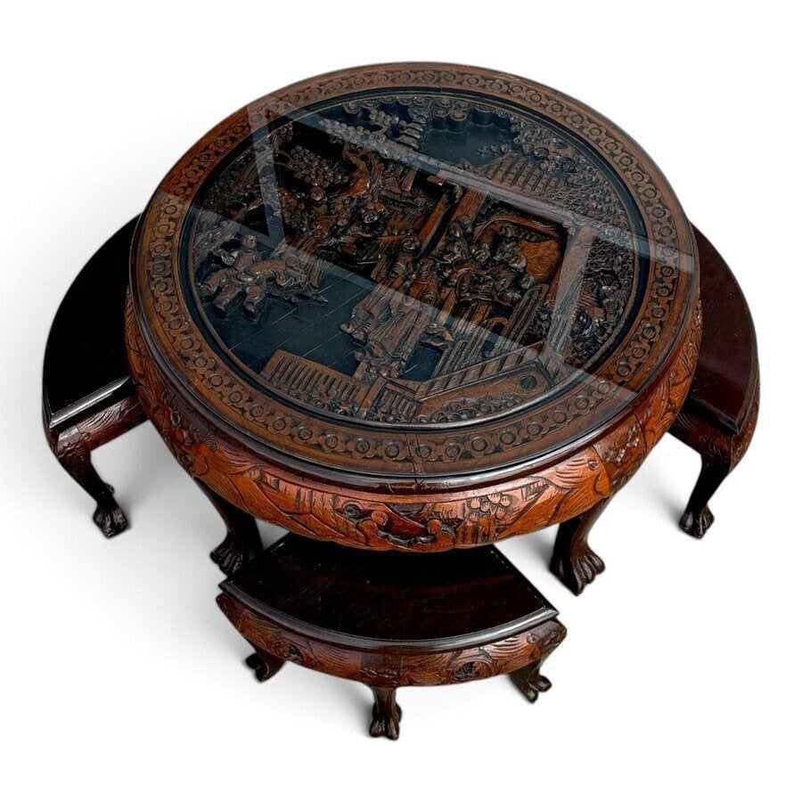 Chinees hardhouten salontafel met glasplaat vier taboeretten, Ophalen of Verzenden