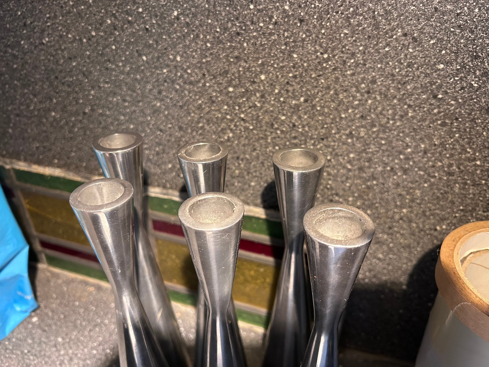 Set van 6 moderne metalen kandelaars, Huis en Inrichting, Woonaccessoires | Kandelaars en Kaarsen, Gebruikt, 25 tot 50 cm, Ophalen of Verzenden