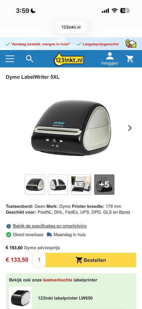 Dymo LabelWriter 5XL Labelprinter met adapter en labels, Ophalen of Verzenden, Nieuw