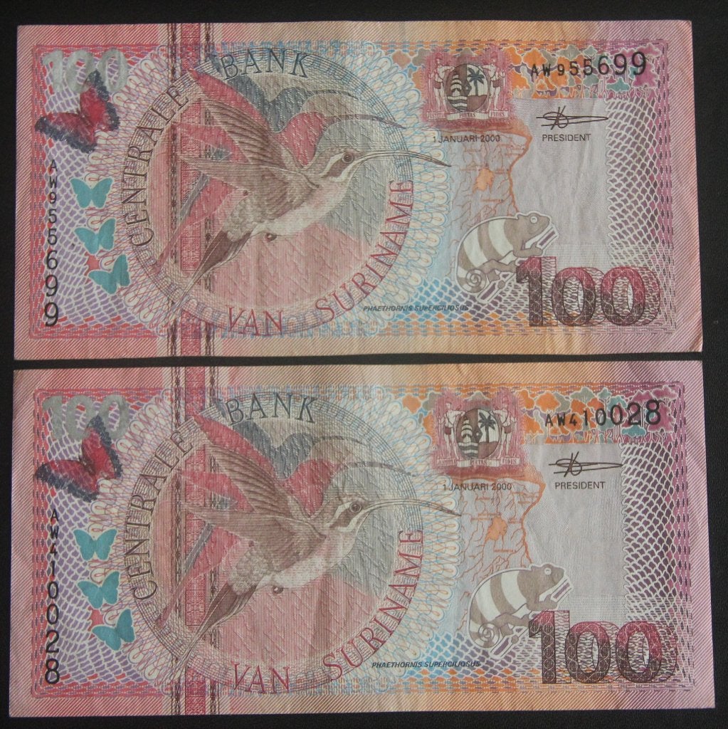 2x 100 gulden suriname 2000  netjes, Postzegels en Munten, Ophalen of Verzenden, Midden-Amerika, Setje