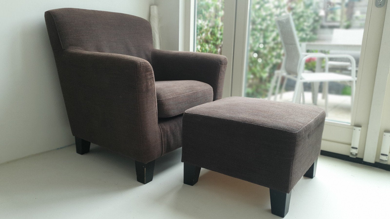 Fauteuil met hocker bruin Ikea, Ophalen, Gebruikt, 75 tot 100 cm, 50 tot 75 cm