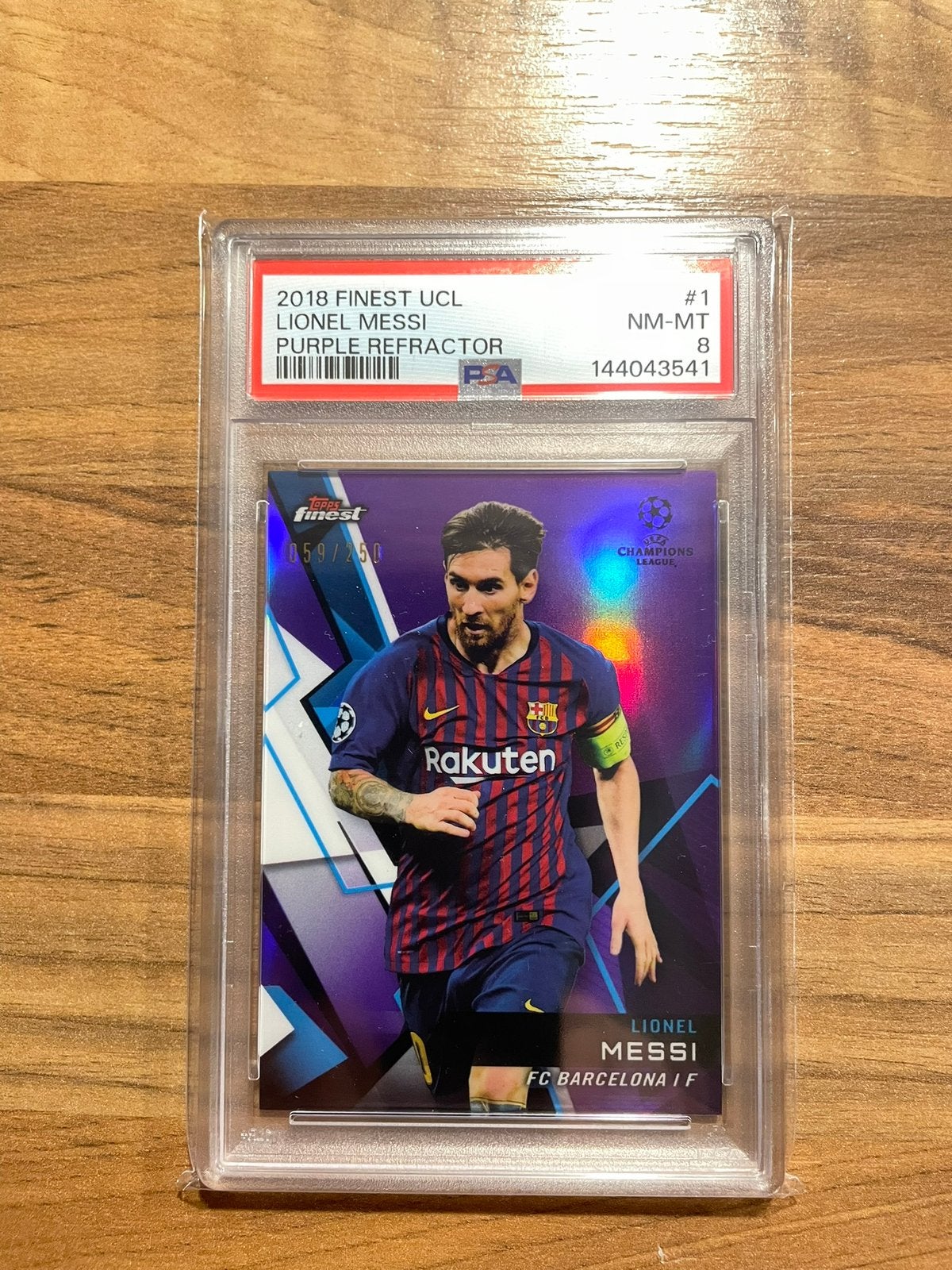 2018 Topps Finest UCL - Lionel Messi Purple /250 PSA 8, Ophalen of Verzenden, Zo goed als nieuw, Losse kaart, Foil