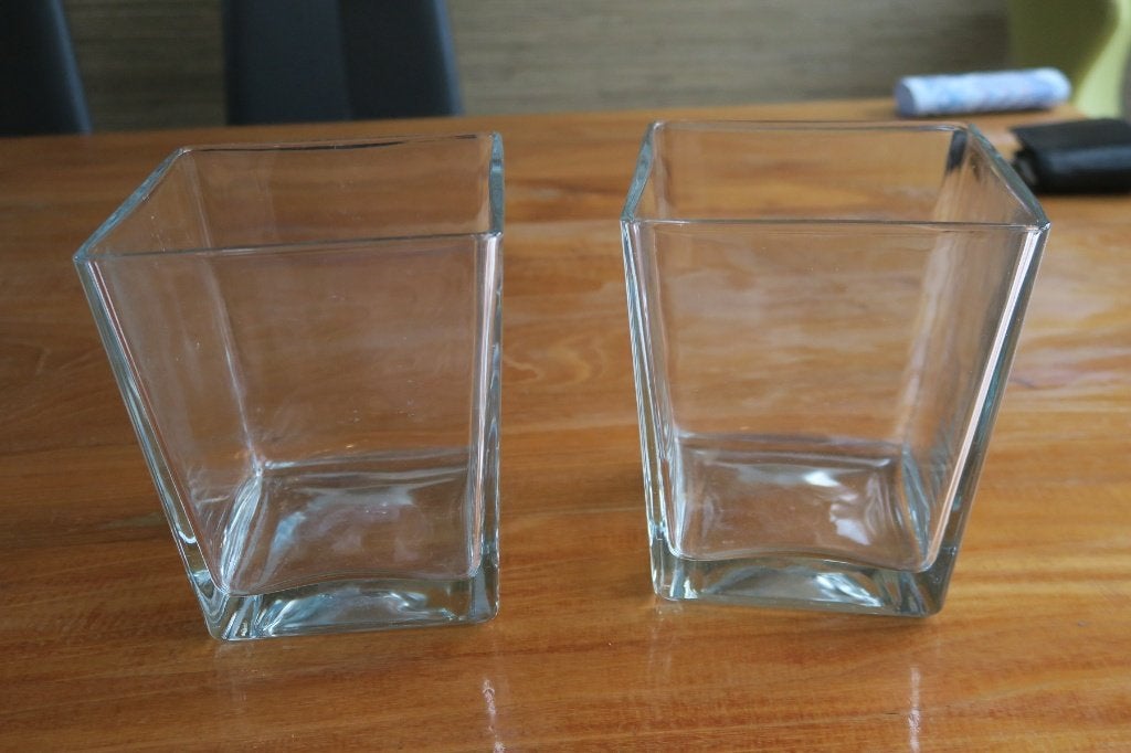 2x Vierkante glazen plantenpot sierpot vissenkom 14 cm, Overige materialen, Vierkant, Binnen, Ophalen of Verzenden