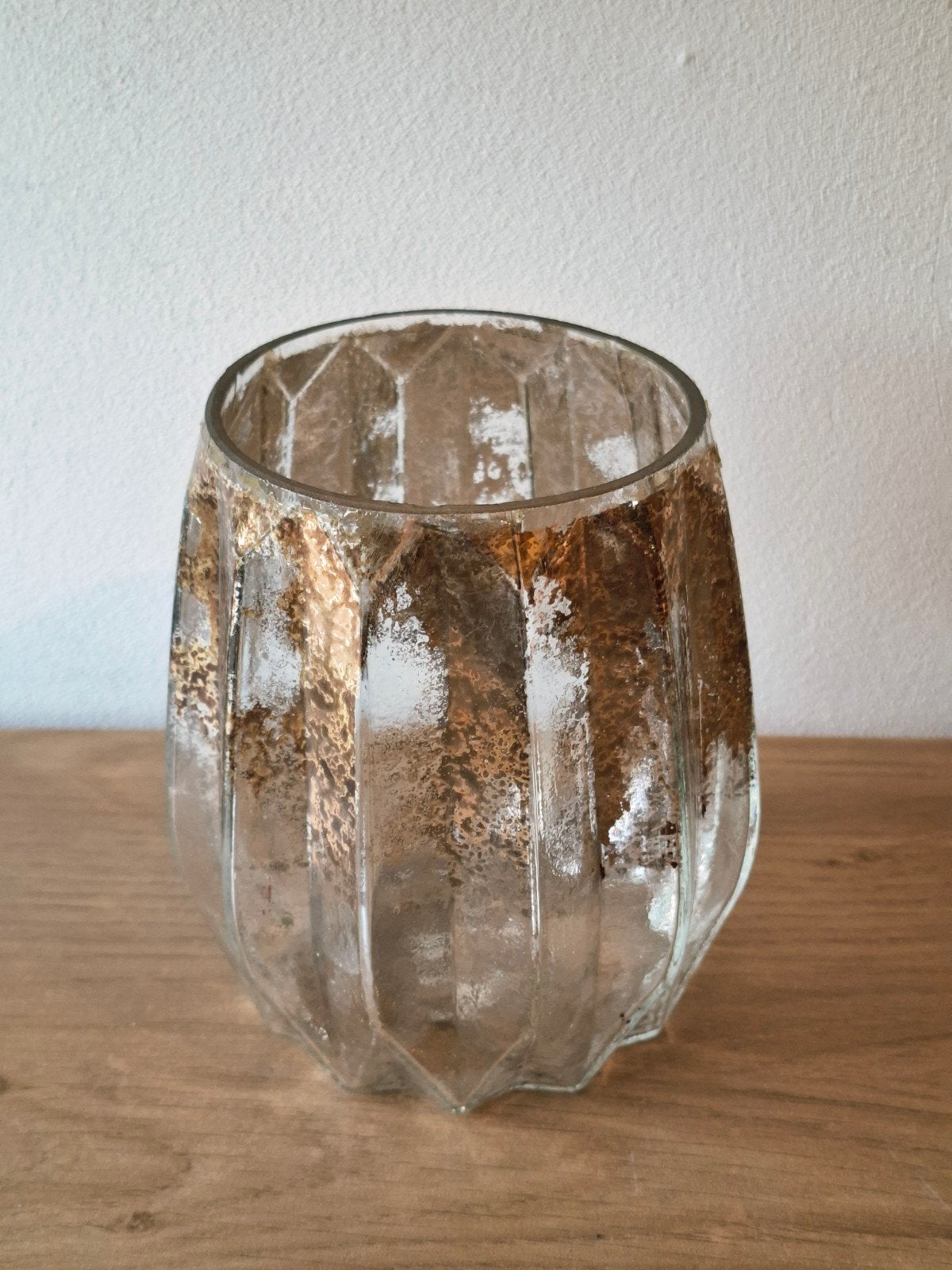 Vintage glazen windlicht antiek spiegel effect goudkleurig, Overige merken, Waxinelichthouder, Ophalen of Verzenden, 14 cm