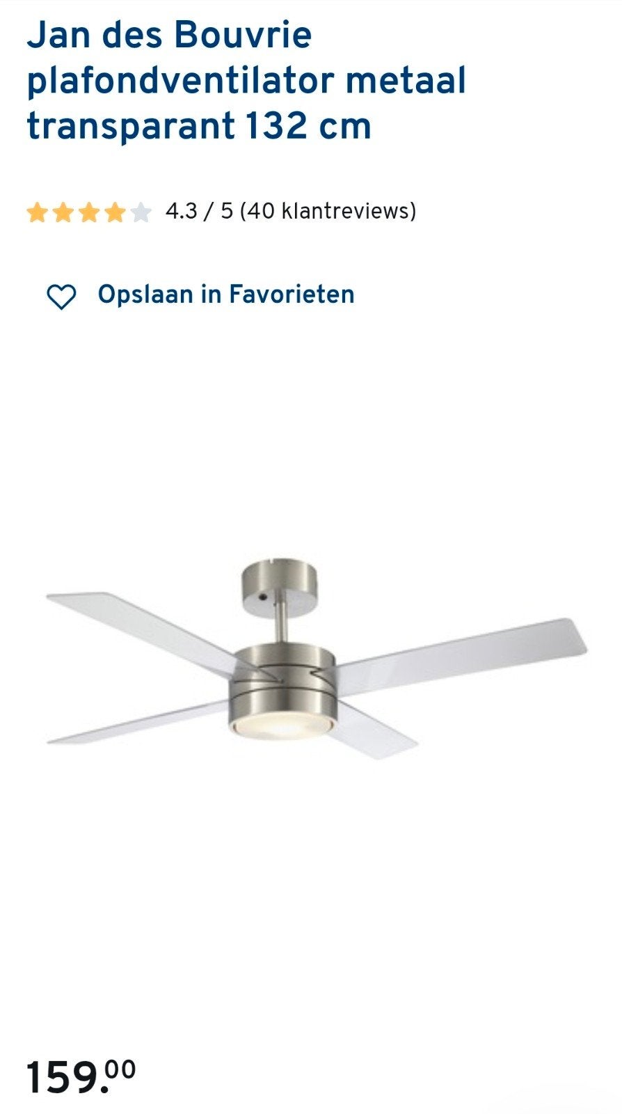 Jan des Bouvrie Plafondventilator 132 cm, Witgoed en Apparatuur, Ventilatoren, Ophalen, Plafondventilator