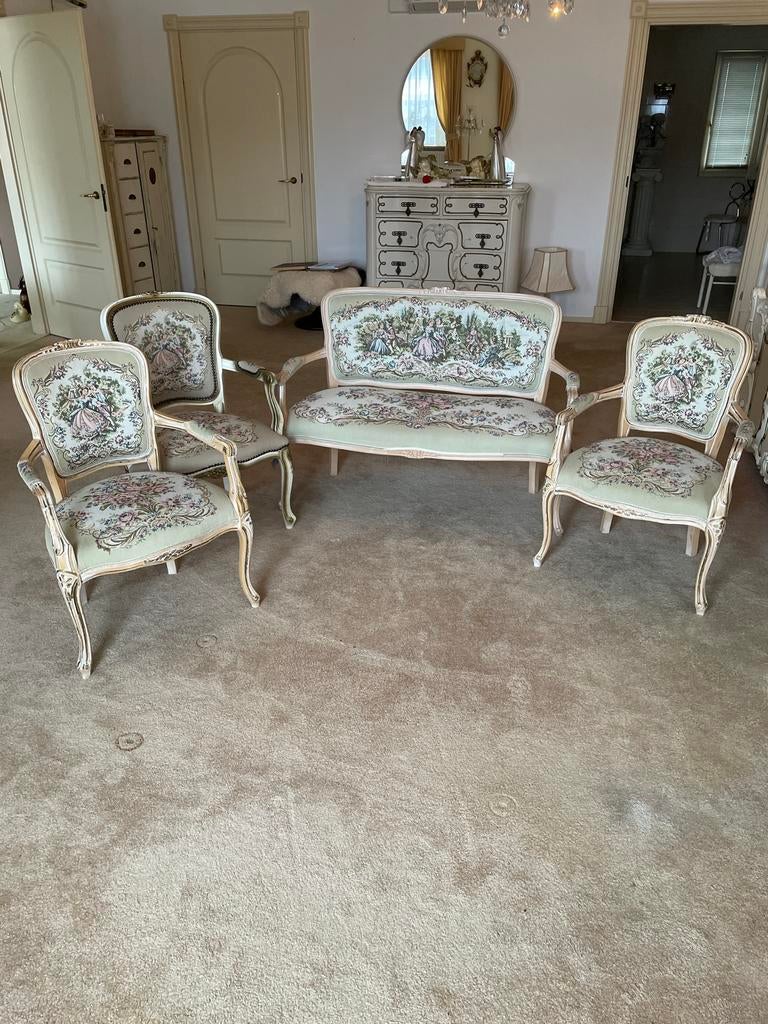 Antieke Louis XV Stijl Zetelset: 3 Stoelen & 2-zits Bank, Antiek en Kunst, Ophalen