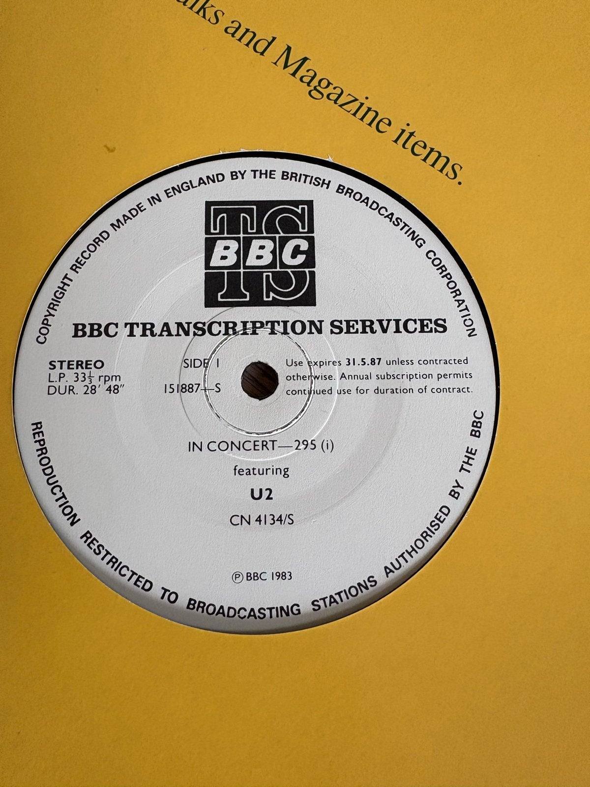 Foto 7 van U2 - Concert 295 (BBC Transcription Services) LP vinyl live