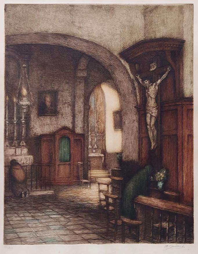 Ingekleurde ets van Albert Geudens ca. 1900, Handgekleurd, Ets, Religie, Ophalen of Verzenden