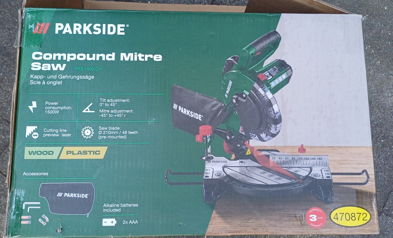 Parkside Afkortzaag PKS 1500 C4 - Bijna Nieuw in doos, Doe-het-zelf en Verbouw, Gereedschap | Zaagmachines, Ophalen, 70 mm of meer