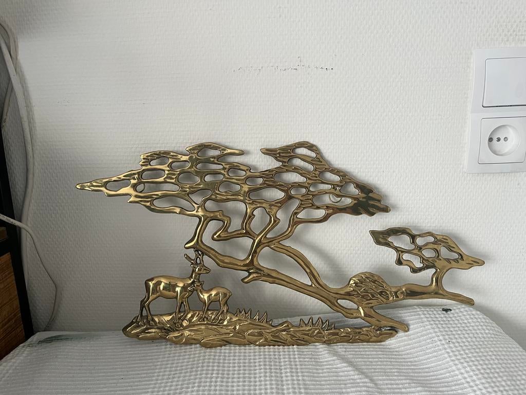 Bijan messing wand sculptuur met bomen en herten, Metaal, Wandsculptuur, Vintage, Handgemaakt
