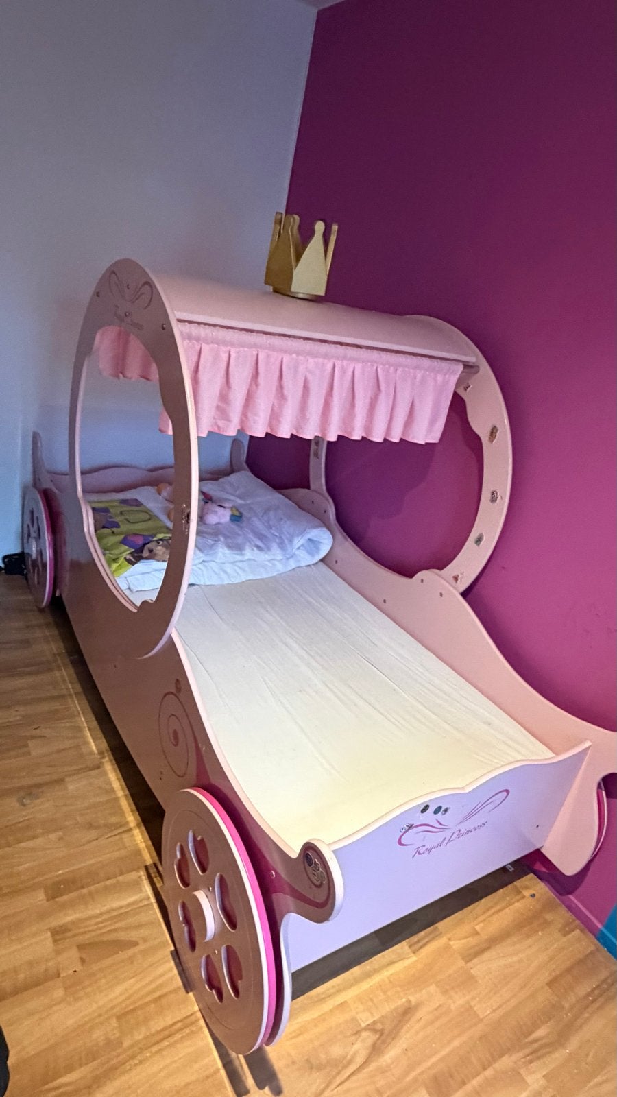 Roze prinsessenkoets bed voor meisjes, Ophalen, Gebruikt, 90 cm, Eenpersoons