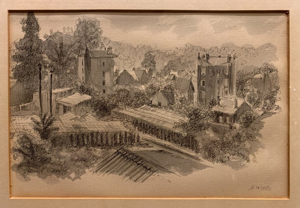 Pentekening/ets dorpsgezicht - M. Bloch, Ophalen of Verzenden, Tekening, Pentekening, Met kunstenaarsmerk