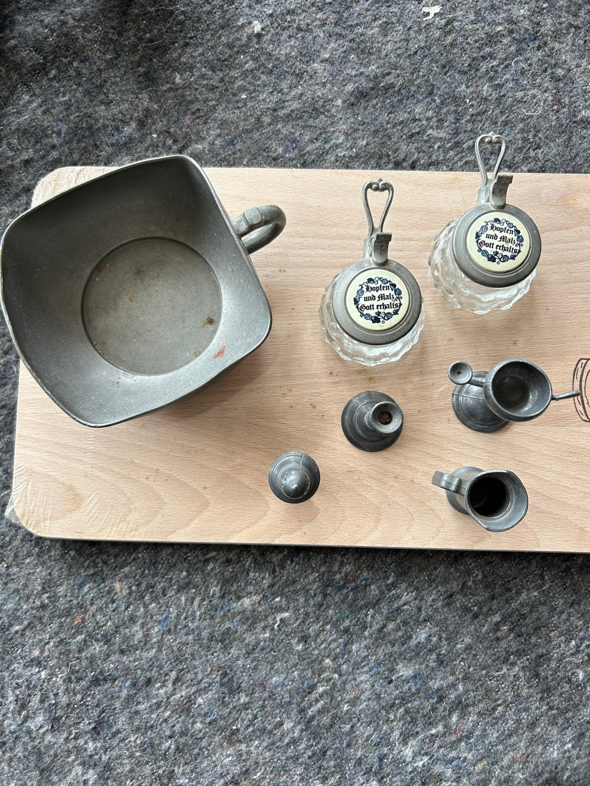 Antieke tinnen en glazen set met bierpul en miniatuur, Antiek en Kunst, Ophalen