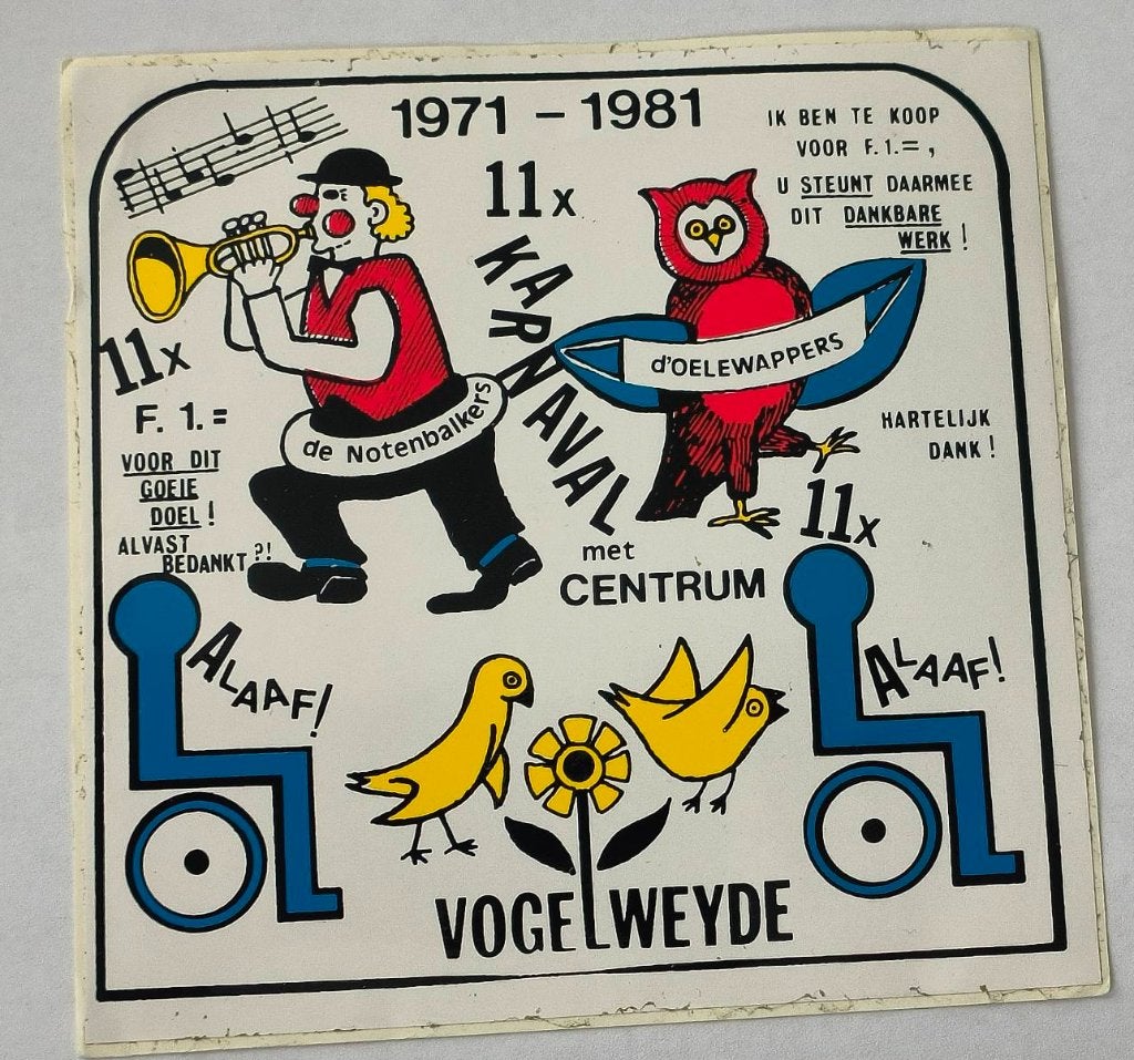Sticker 11x karnaval met centrum Vogelweyde 1971-1981, Ophalen of Verzenden, Zo goed als nieuw, Bedrijf of Vereniging
