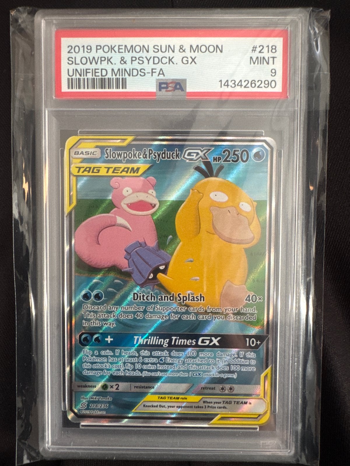 PSA 9 Slowpoke & Psyduck GX #218 Pokémon kaart, Ophalen of Verzenden, Zo goed als nieuw, Losse kaart