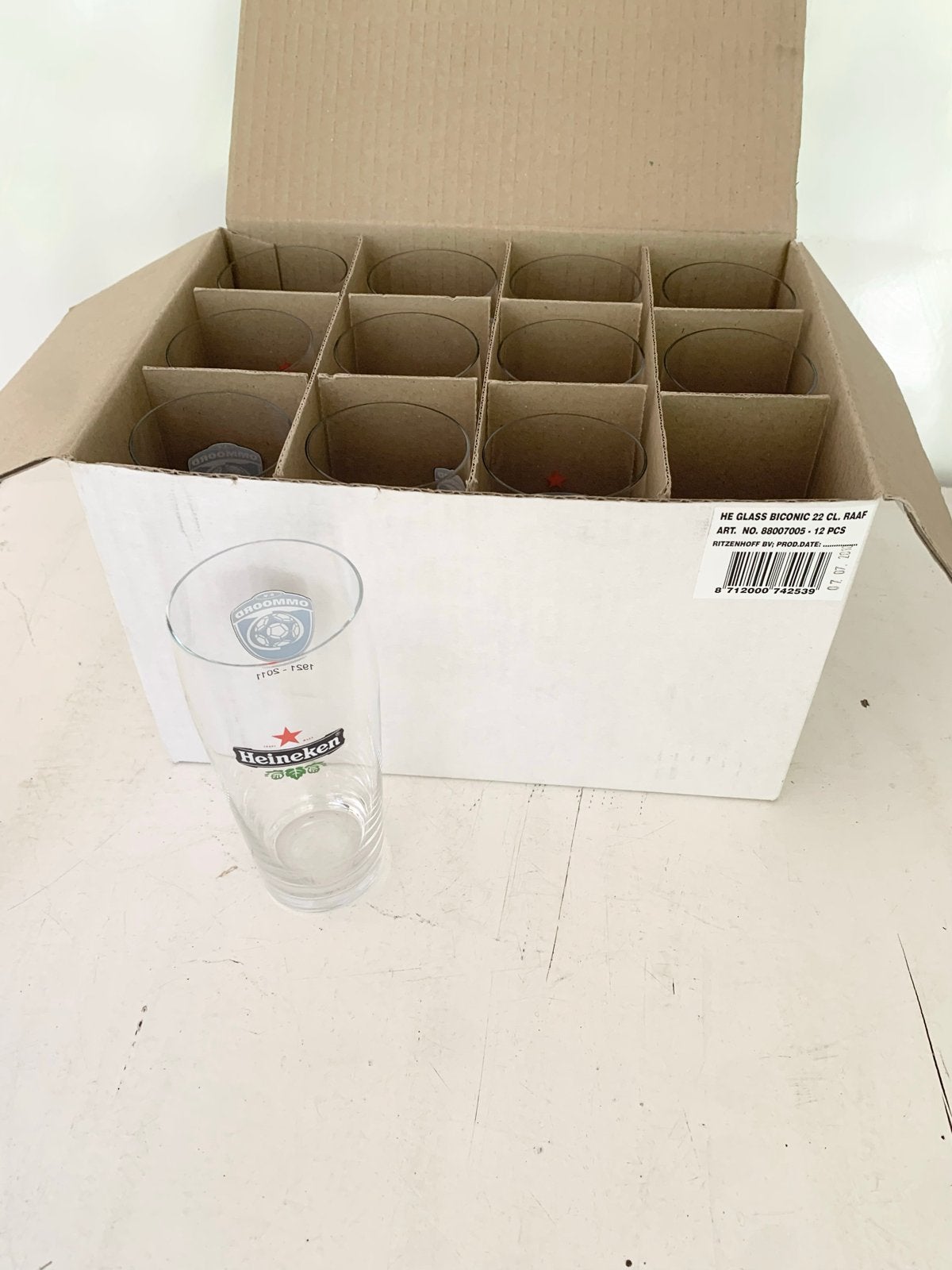 12 Heineken S.V. Ommoord verzamel glazen 22 cl nieuw, Ophalen of Verzenden, Nieuw, Bierglas