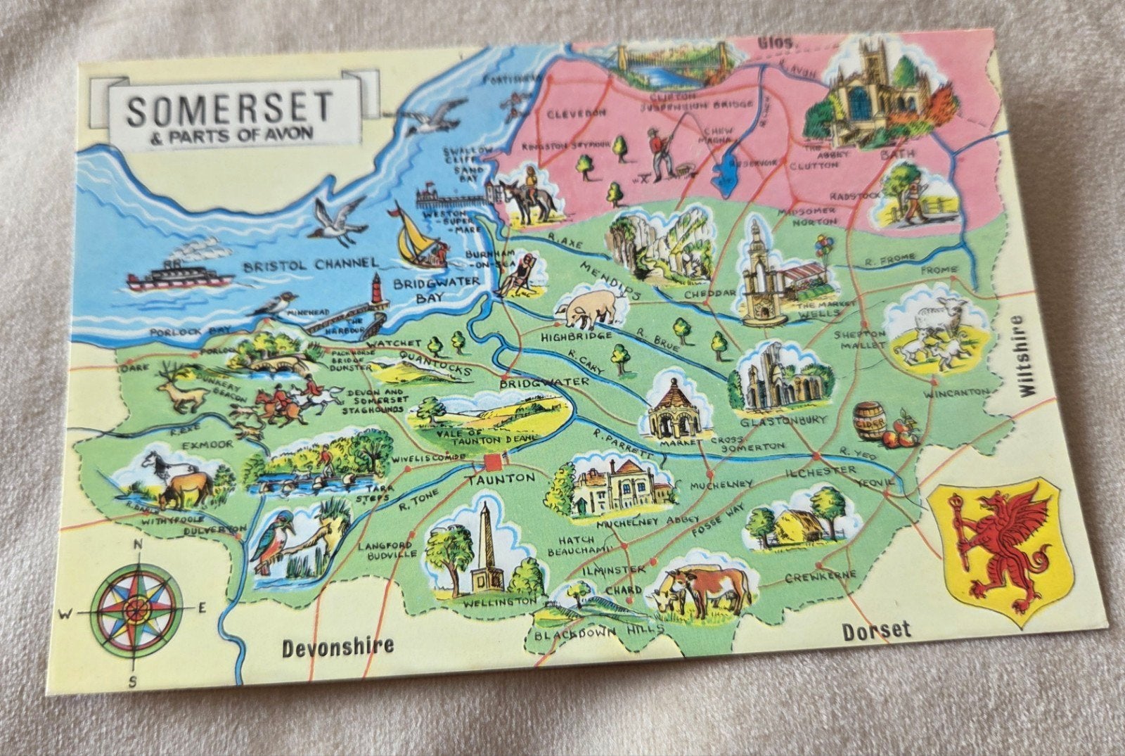 Vintage kaart Somerset & delen van Avon, Engeland, Verzamelen, Verzenden, 1940 tot 1960, Gelopen, Engeland