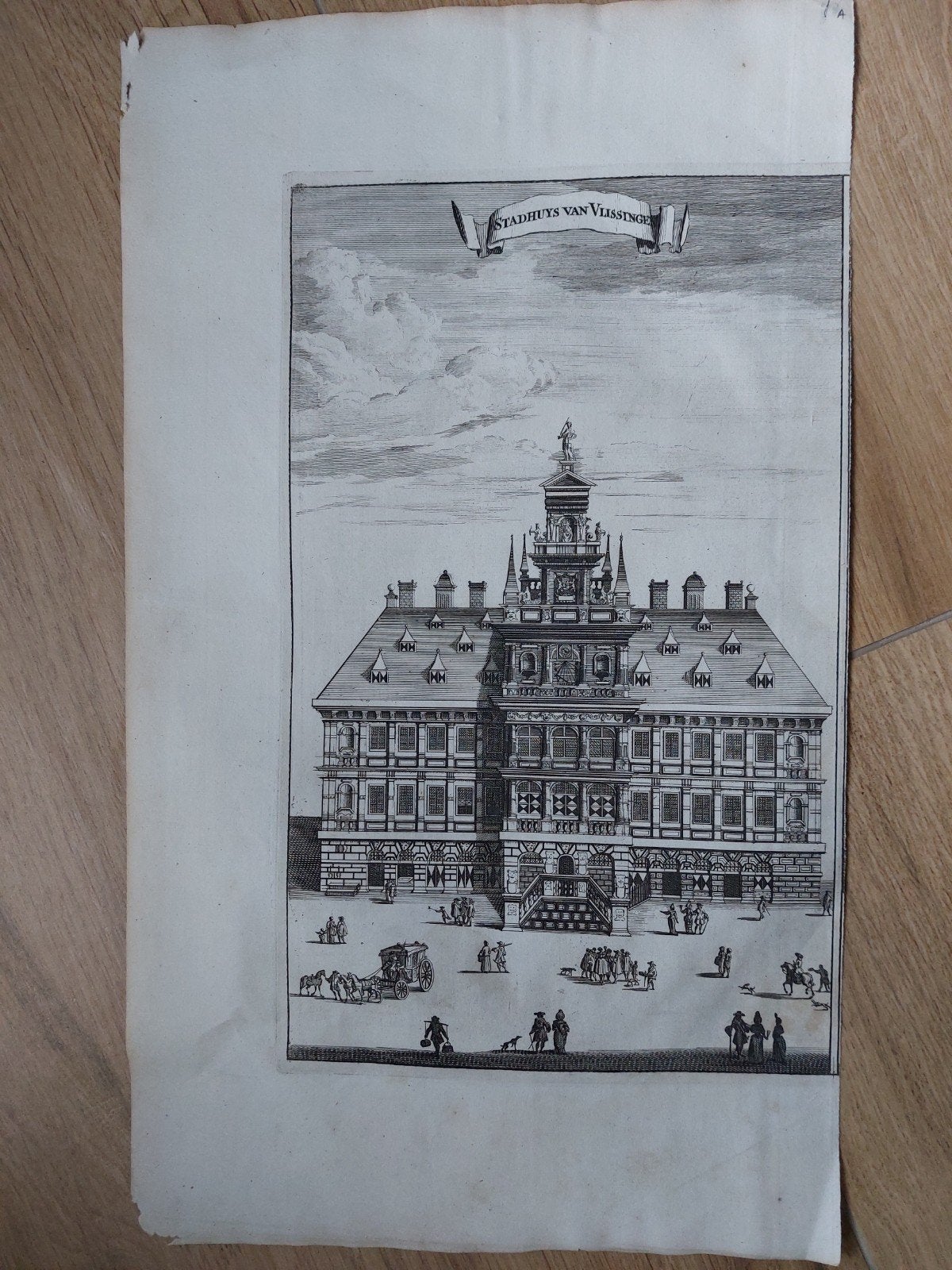1a Stadhuys Vlissingen Zeeland Gravure uit 1696, Stadsgezicht, Gravure, 34 cm, Blanco verso