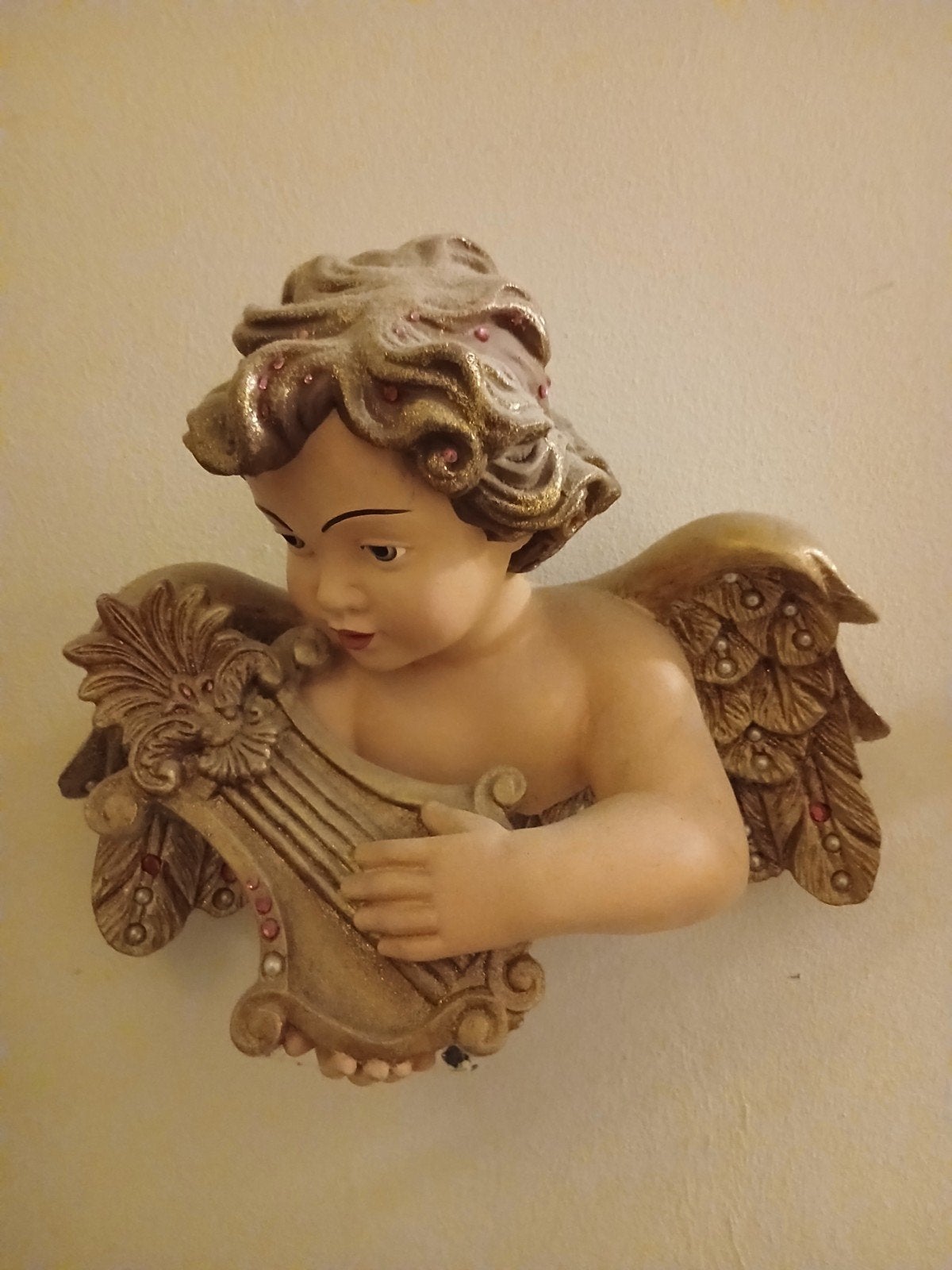 Vintage Cherubijn Wanddecoratie met Harp, Antiek en Kunst, Ophalen, Minder dan 20 cm, Gips, Wanddecoratie