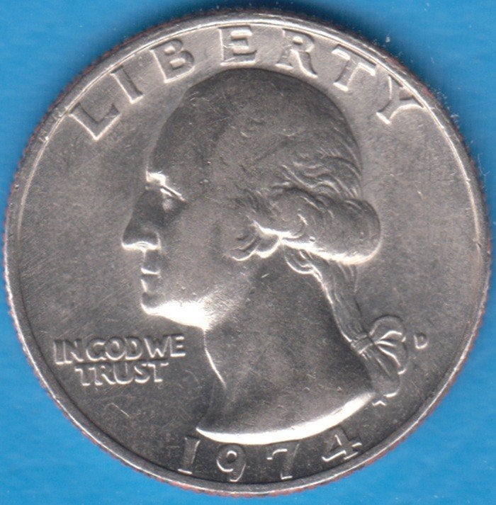 USA Quarter Dollar 1974 D Washington, KM# 164a in munthouder, Ophalen of Verzenden, Noord-Amerika, Losse munt