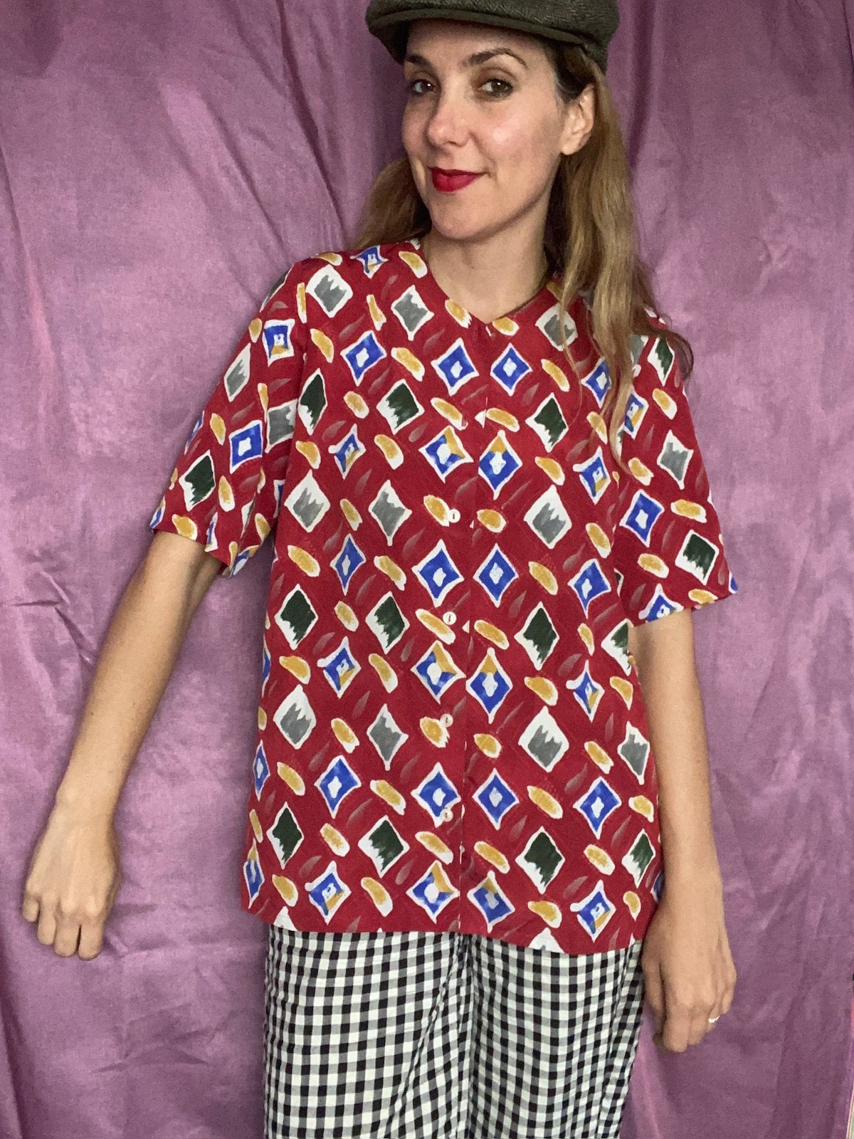 Vintage jaren 90 blouse - rood - print - 42/XL, Hgv, Hgv, Maat 42/44 (L), Ophalen of Verzenden