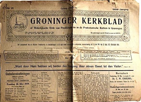GRONINGER KERKBLAD ZONDAG 26 MEI 1929  KERKEN GRONINGEN, Ophalen of Verzenden, Muziek, Film of Tv