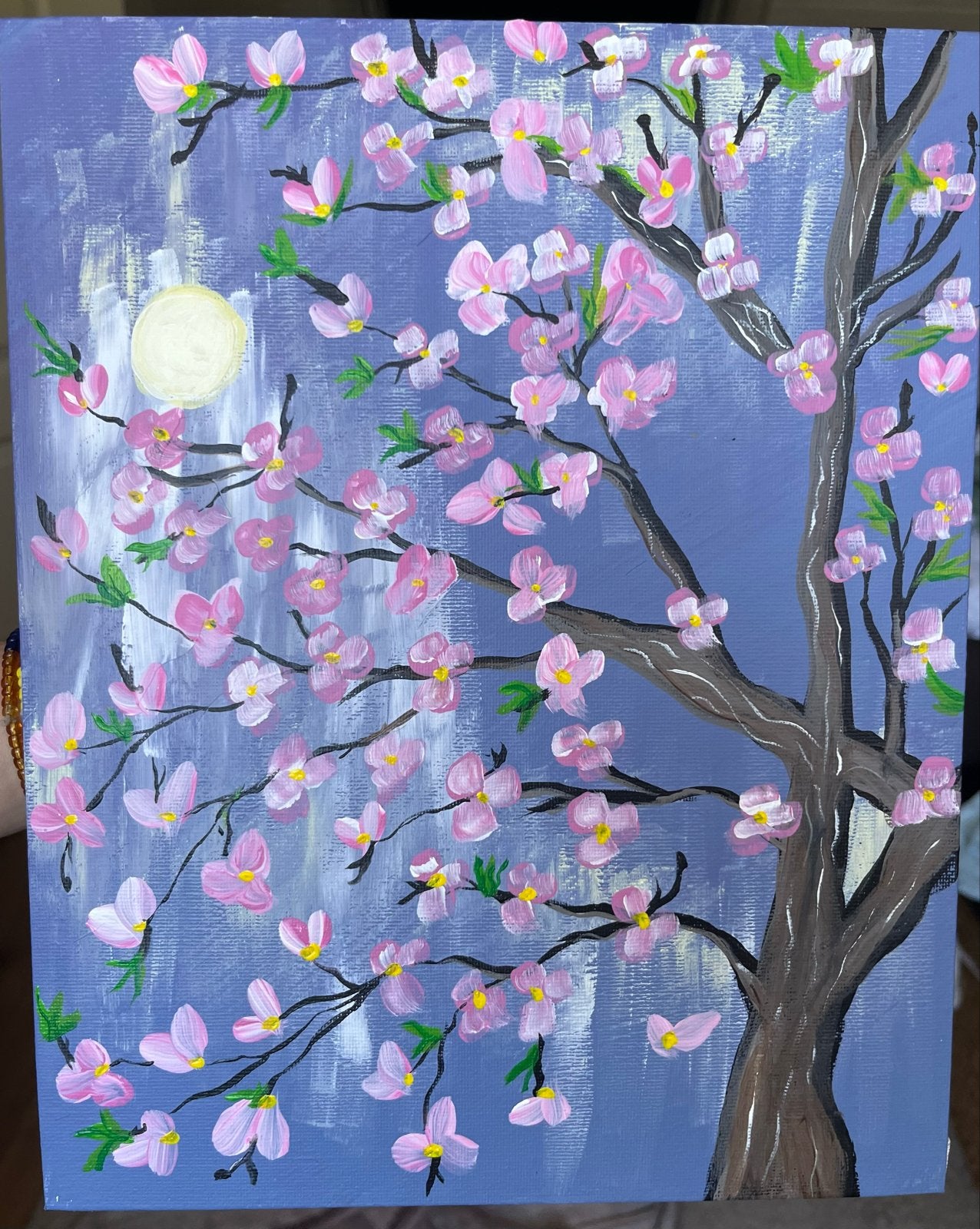 Schilderij: Bloesemboom onder de maan, Bloemen, Acrylverf, Doek, Realistisch