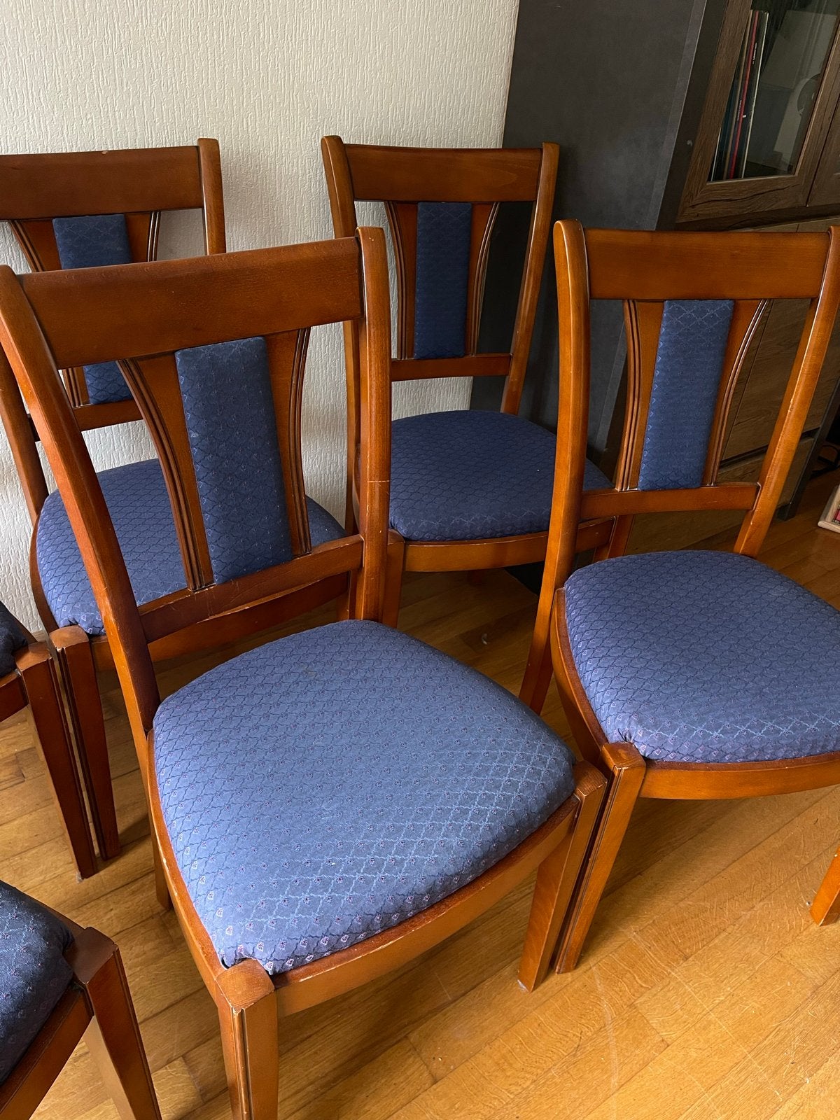 Set van 6houten vintage eetkamerstoelen met blauwe bekleding, Ophalen