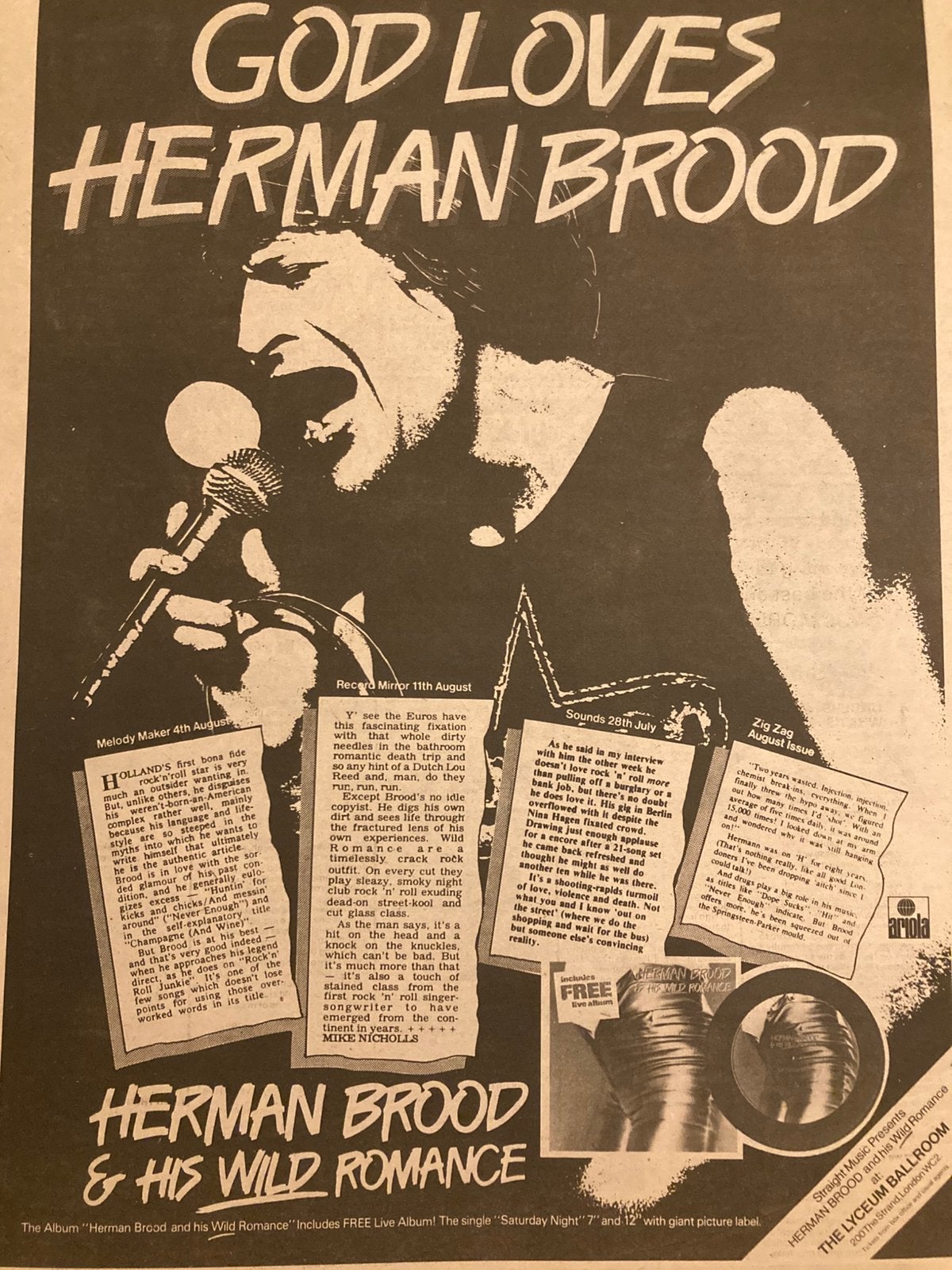 A3 advertentie HERMAN BROOD & WILD ROMANCE live Lyseum Londo, Verzamelen, Ophalen of Verzenden, Zo goed als nieuw