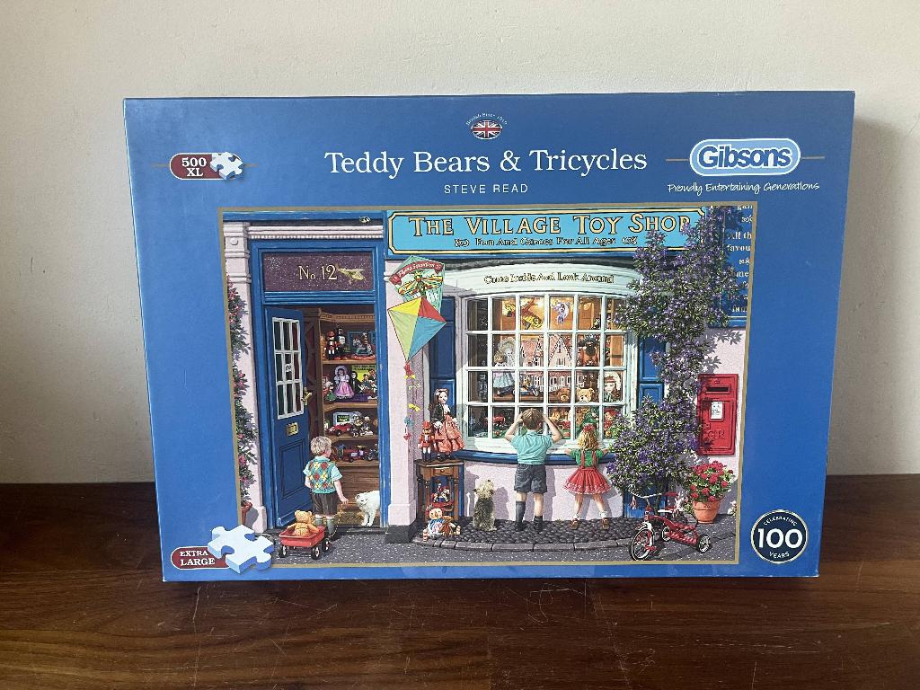 XL puzzel 500 stukjes – Gibson: Teddy Bears and Tricycles, Ophalen of Verzenden, 500 t/m 1500 stukjes, Zo goed als nieuw, Legpuzzel