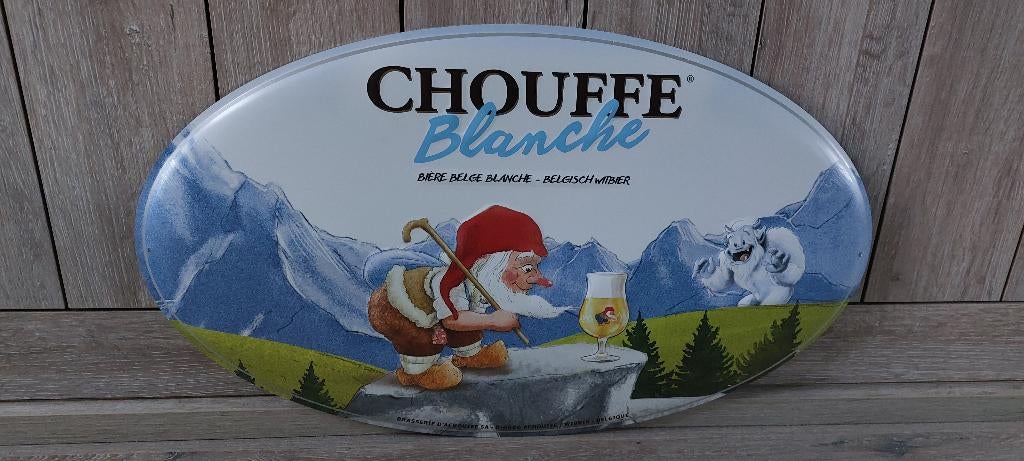 Zeldzaam Reclamebord Chouffe Blanche, Ophalen of Verzenden, Nieuw, Reclamebord, Plaat of Schild, Overige merken