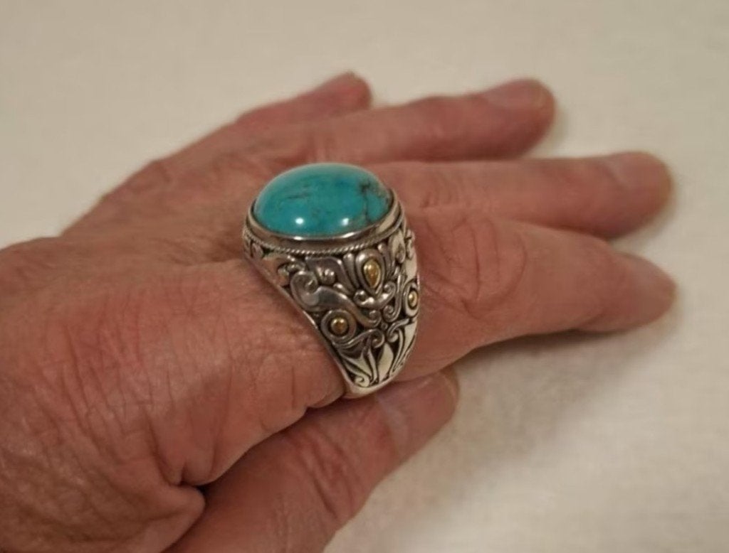 Balinese Taru Tree ring, zilver met vergulding en turkoois, 20 of groter, Verzenden, Nieuw, Dame of Heer