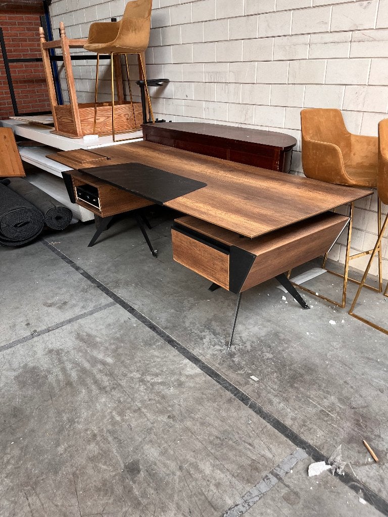Ruim Design Bureau (Houtlook/Zwart) met lades - 220x90 cm, Huis en Inrichting, Bureaus, Ophalen, 90 cm, Gebruikt, Computerbureau