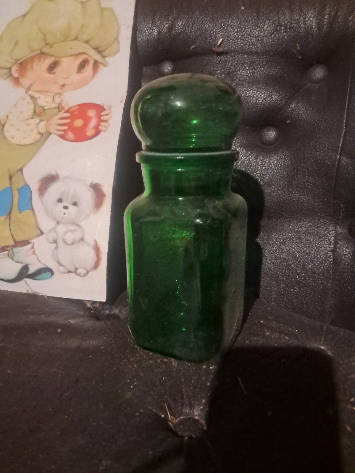 Vintage Groene Glazen Apothekerspot met Deksel, Antiek en Kunst, Ophalen of Verzenden