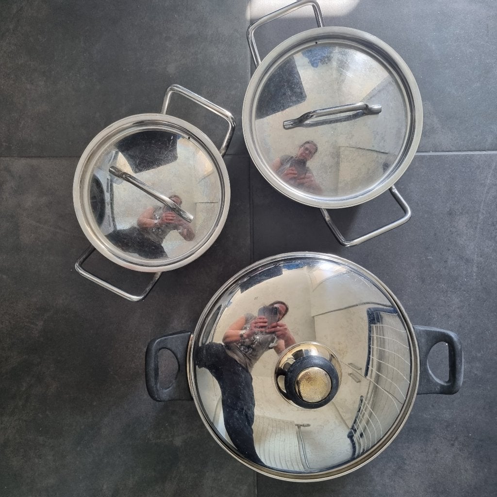 10-delige pannenset, Ophalen of Verzenden, Zo goed als nieuw, Rvs, Pannenset