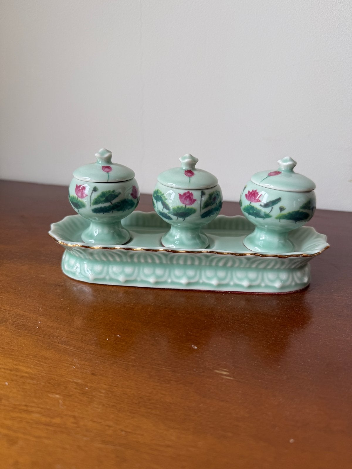 Vintage Chinees porseleinen kruidenset met lotusdecor, Ophalen