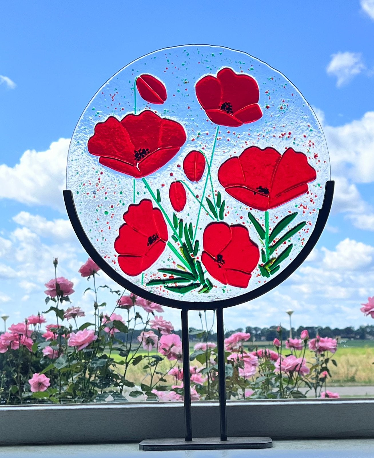 Glasobject klaproos cirkel Glasfusing staander bloem rood, Ophalen of Verzenden, Nieuw