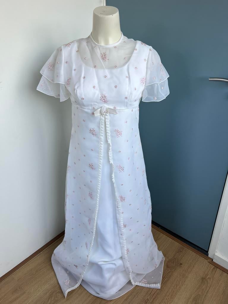 Vintage trouwjurk roomwit genorduurde bloemen s m, Trouwjurk, Wit, Ophalen of Verzenden, Zo goed als nieuw