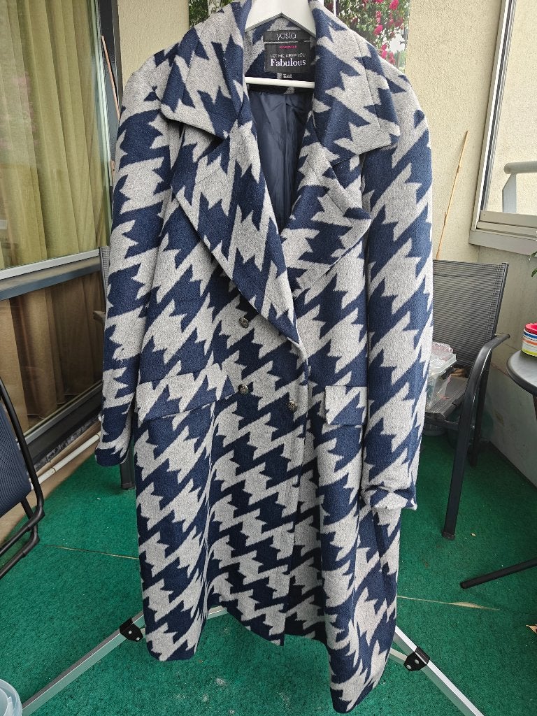 Stijlvolle Dames Jas met Pied-de-Poule Patroon, Ophalen, Blauw, Jas of Mantel, Nieuw