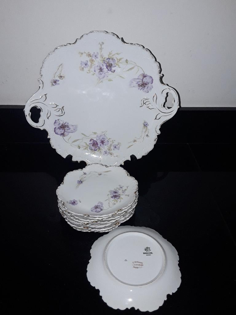 Antiek Rosenthal gebakstel met paarse anemonen, Verzenden