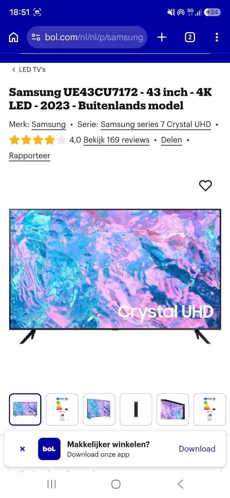 Samsung UE43CU7172 - 43 inch 4K LED TV (2023), Audio, Tv en Foto, Televisies, Ophalen, LED, 50 Hz, Zo goed als nieuw