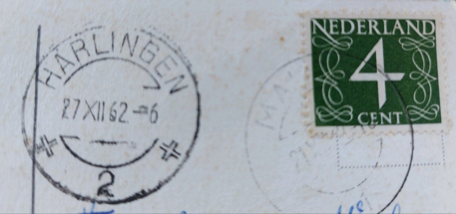 Nederlandse postzegel 4 cent, gestempeld Harlingen 1962, Ophalen of Verzenden, Na 1940, Gestempeld