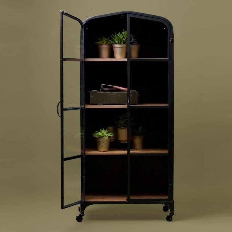 Metalen Vitrinekast met Houten Planken - Basiclabel, Huis en Inrichting, Ophalen, 50 tot 100 cm, Zo goed als nieuw, Metaal